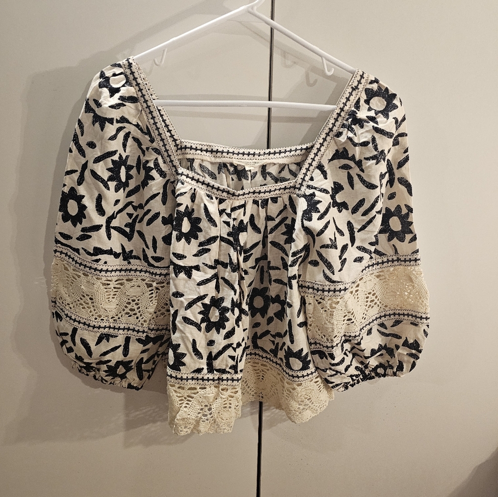 Christian Siriano Womans Linen Blend Medium Black/Cream Print Long Sleeve Top